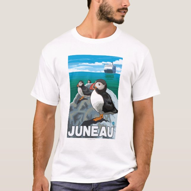 Puffins & Cruise Ship - Juneau, Alaska T-Shirt (Front)