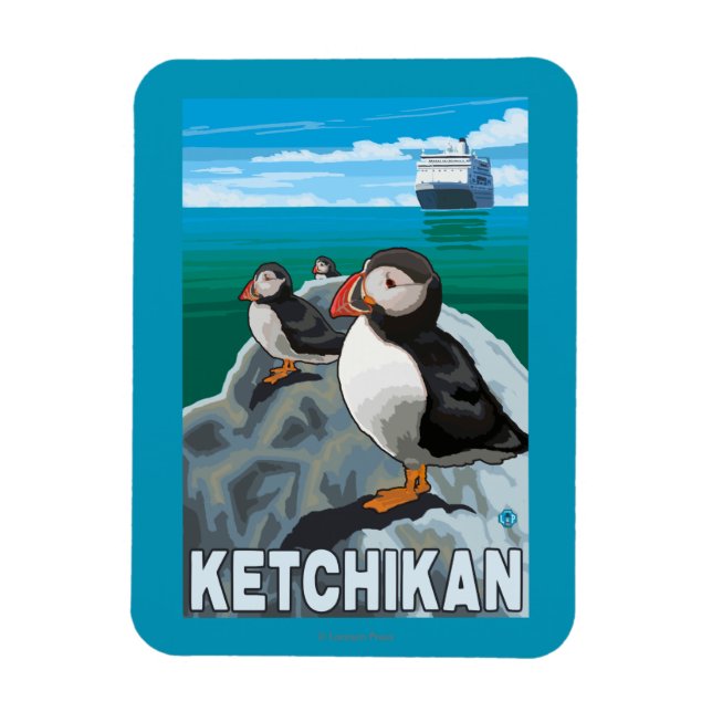 Puffins & Cruise Ship - Ketchikan, Alaska Magnet (Vertical)