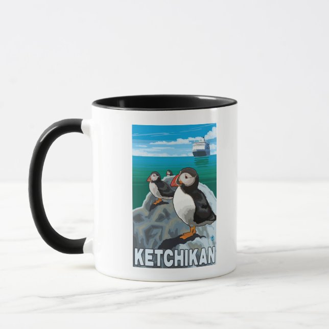 Puffins & Cruise Ship - Ketchikan, Alaska Mug (Left)