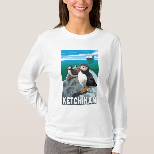 Puffins & Cruise Ship - Ketchikan, Alaska T-Shirt (Front)