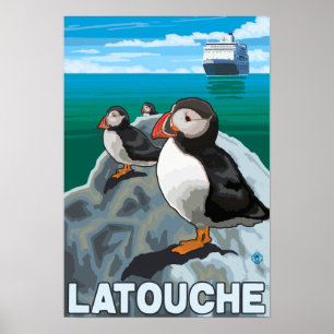 Puffins & Cruise Ship - Latouche, Alaska Poster
