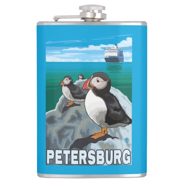 Puffins & Cruise Ship - Petersburg, Alaska Hip Flask (Front)