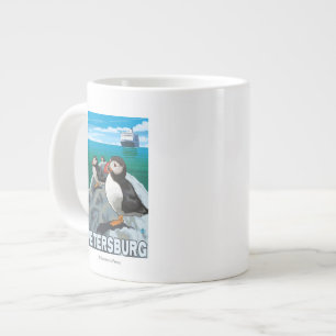 Puffins & Cruise Ship - Petersburg, Alaska Large Coffee Mug