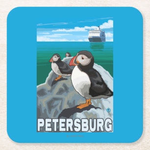 Puffins & Cruise Ship - Petersburg, Alaska Square Paper Coaster