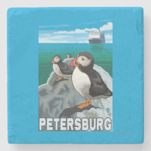 Puffins & Cruise Ship - Petersburg, Alaska Stone Coaster