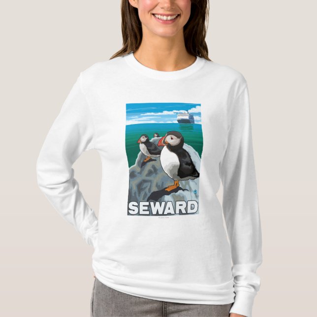 Puffins & Cruise Ship - Seward, Alaska T-Shirt (Front)