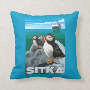 Puffins & Cruise Ship - Sitka, Alaska Cushion