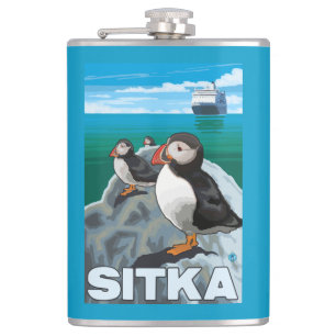 Puffins & Cruise Ship - Sitka, Alaska Hip Flask