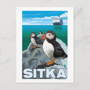 Puffins & Cruise Ship - Sitka, Alaska Postcard