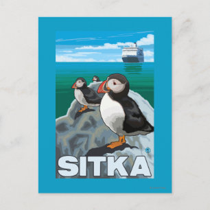 Puffins & Cruise Ship - Sitka, Alaska Postcard