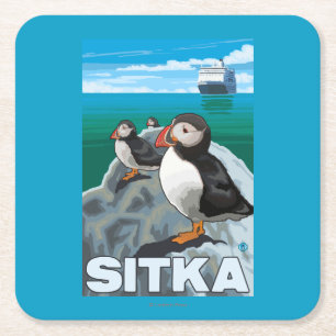 Puffins & Cruise Ship - Sitka, Alaska Square Paper Coaster