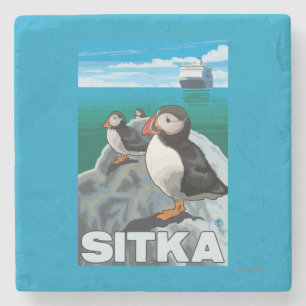Puffins & Cruise Ship - Sitka, Alaska Stone Coaster
