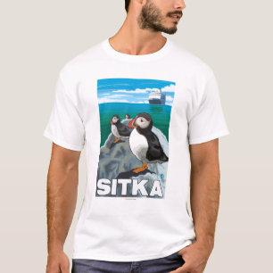 Puffins & Cruise Ship - Sitka, Alaska T-Shirt