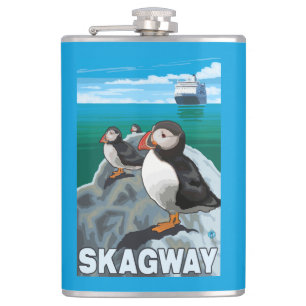 Puffins & Cruise Ship - Skagway, Alaska Hip Flask