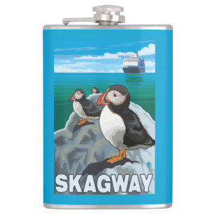 Puffins & Cruise Ship - Skagway, Alaska Hip Flask