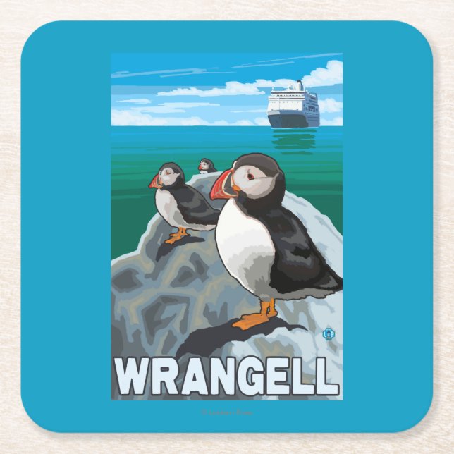 Puffins & Cruise Ship - Wrangell, Alaska Square Paper Coaster (Front)