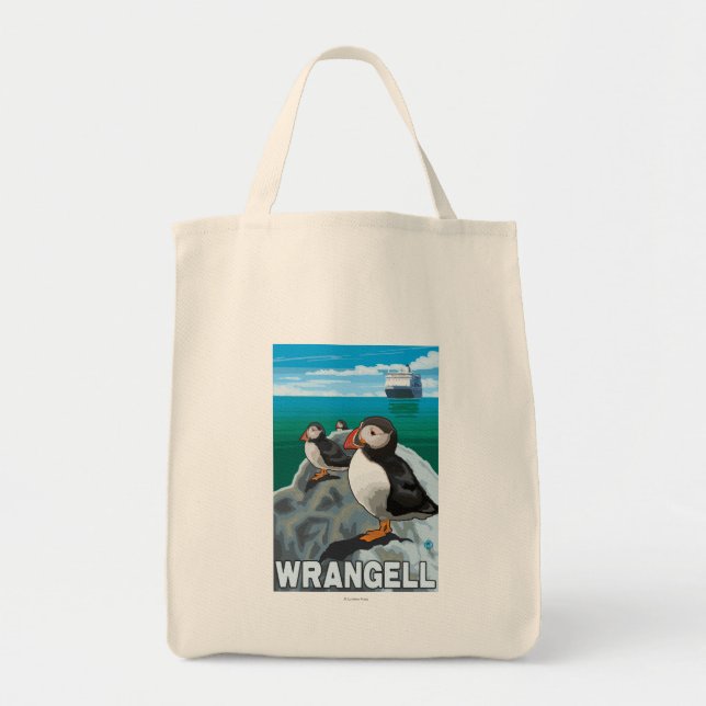 Puffins & Cruise Ship - Wrangell, Alaska Tote Bag (Front)