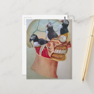 Puffins on the Brain Surreal mixed media collage  Postcard
