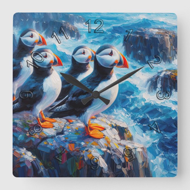 Puffins Square Wall Clock (Front)