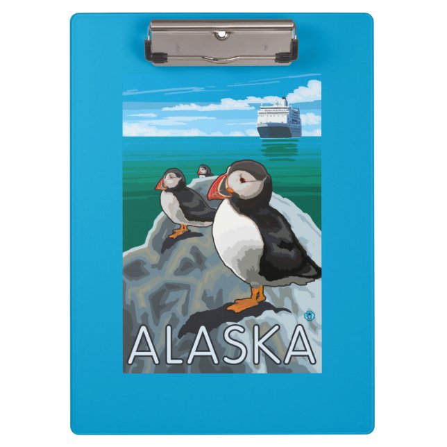 Puffins watching a Cruise Ship Clipboard (Front)