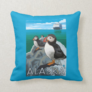 Puffins watching a Cruise Ship Cushion