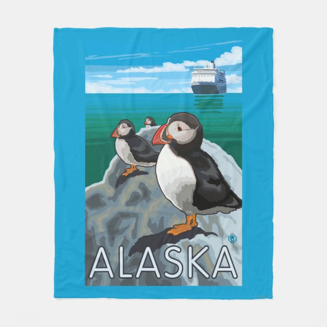 Puffins watching a Cruise Ship Fleece Blanket (Front)