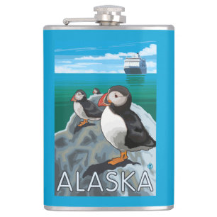 Puffins watching a Cruise Ship Hip Flask