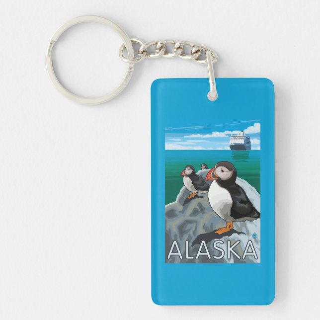 Puffins watching a Cruise Ship Key Ring (Front)