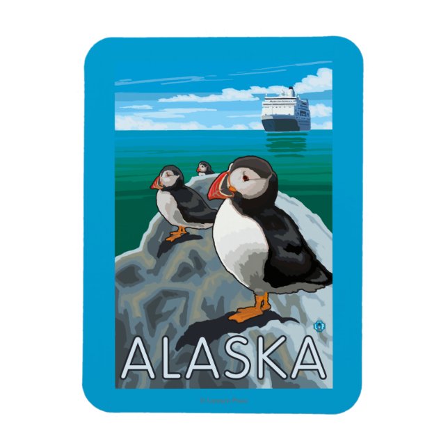 Puffins watching a Cruise Ship Magnet (Vertical)