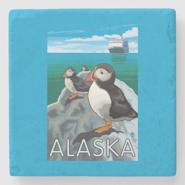 Puffins watching a Cruise Ship Stone Coaster (Front)