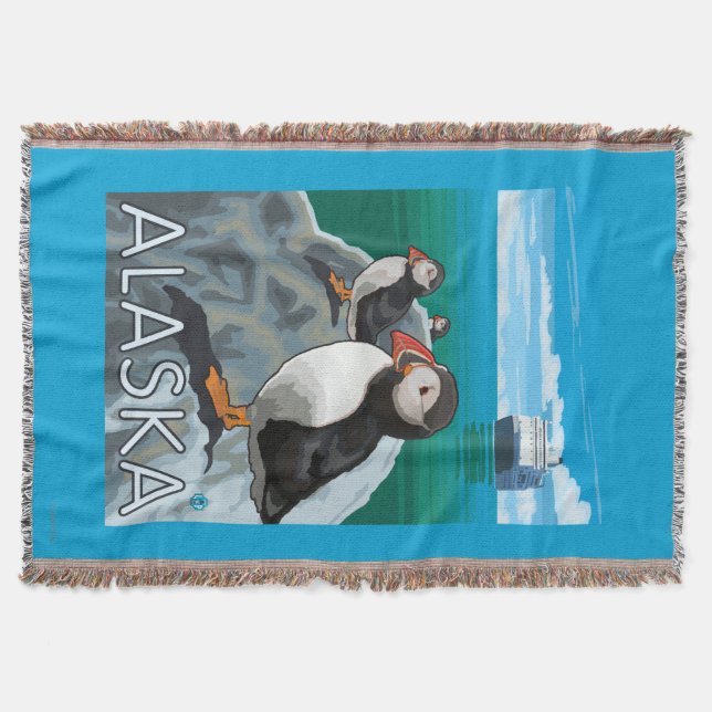 Puffins watching a Cruise Ship Throw Blanket (Front)