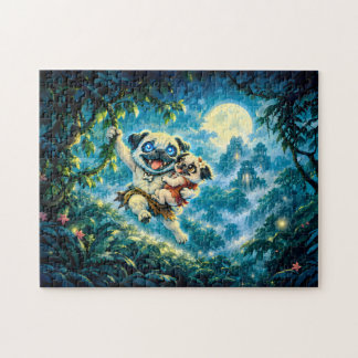 Pug and Friend Swinging on Jungle Vine Jigsaw Puzzle