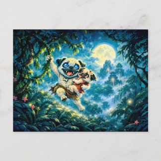 Pug and Friend Swinging on Jungle Vine Postcard