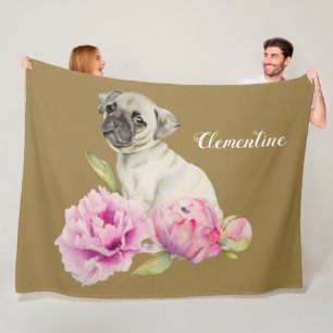 Pug and Peonies   Add Your Name Fleece Blanket