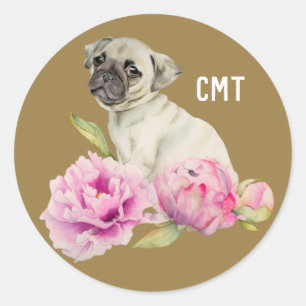 Pug and Peonies Dog Art Monogram Classic Round Sticker