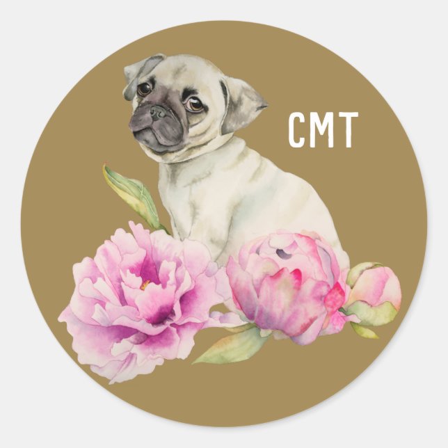 Pug and Peonies | Dog Art | Monogram Classic Round Sticker (Front)
