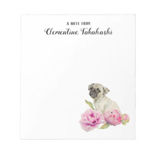 Pug and Peonies Illustration   Add Your Name Notepad