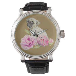 Pug and Peonies   Watercolor Illustration Watch