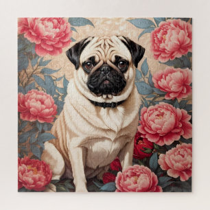 Pug And Peony Flowers William Morris Inspired Jigsaw Puzzle