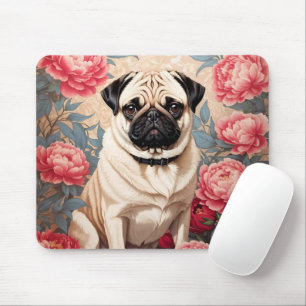 Pug And Peony Flowers William Morris Inspired Mouse Pad