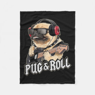 Pug And Roll Cute Rockstar Guitar Rockin Music Sin Fleece Blanket