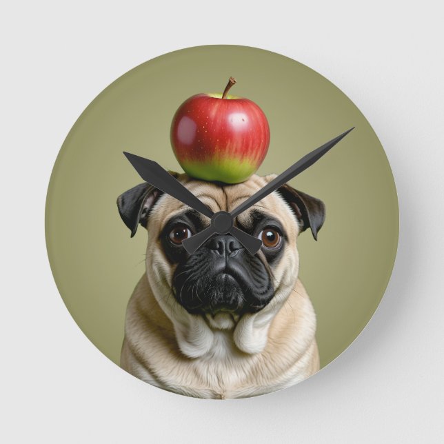 Pug Apple Round Clock (Front)