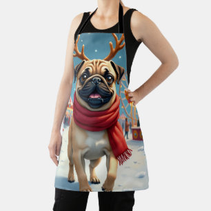 Pug at the Winter Fairgrounds Christmas Painting Apron