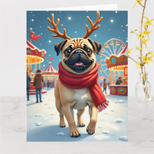 Pug at the Winter Fairgrounds Christmas Painting Card