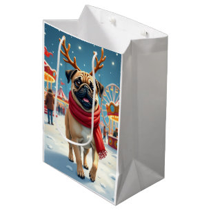 Pug at the Winter Fairgrounds Christmas Painting Medium Gift Bag