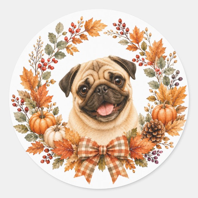 Pug Autumn Wreath Classic Round Sticker (Front)