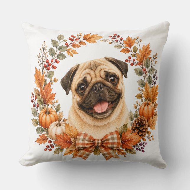 Pug Autumn Wreath Cushion (Front)