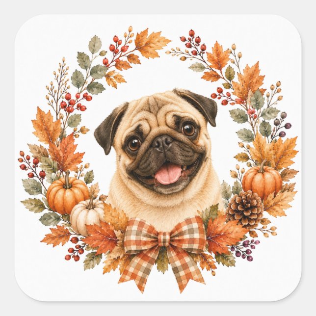 Pug Autumn Wreath Square Sticker (Front)