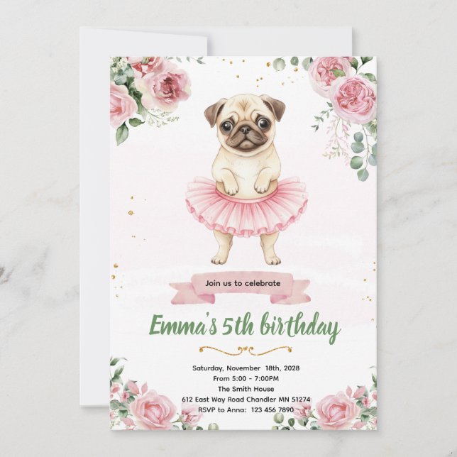 Pug Ballerina Birthday Invitation (Front)