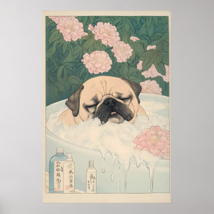 Pug Bathroom Print Kawaii Japandi Ukiyo-e Dog Art